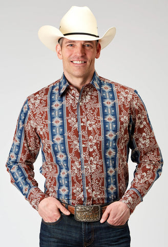Roper Mens 1893 Vertical Tropical Aztec Red 100% Cotton L/S Shirt