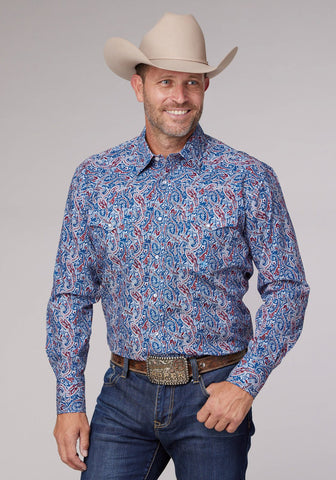 Roper Mens 2024 River Paisley Blue 100% Cotton L/S Shirt