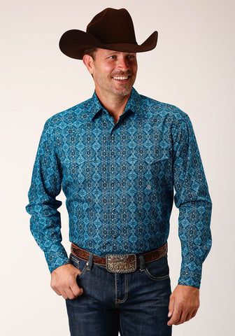 Roper Mens Gothic Medallion Blue 100% Cotton L/S Shirt