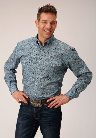 Roper Mens Peacock Paisley Blue 100% Cotton L/S Shirt