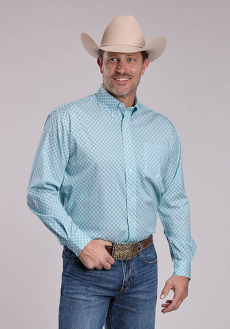 Roper Mens Four Point Foulard Teal Cotton Blend 1 Pkt L/S Shirt