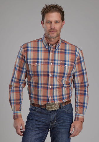 Roper Mens Falling Leaves Plaid Multi-Color 100% Cotton Btn L/S Shirt