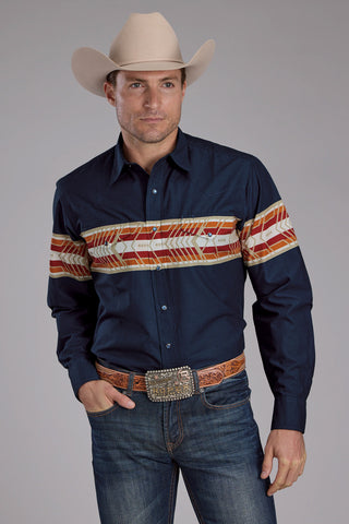 Roper Mens Horizontal Aztec Border Navy 100% Cotton L/S Shirt
