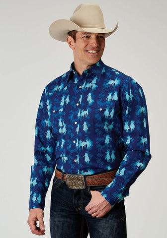 Roper Mens 1907 Hawaiian Ombre Blue 100% Cotton L/S Shirt