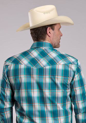 Roper Mens 2890 Sunset Plaid Turquoise 100% Cotton L/S Shirt