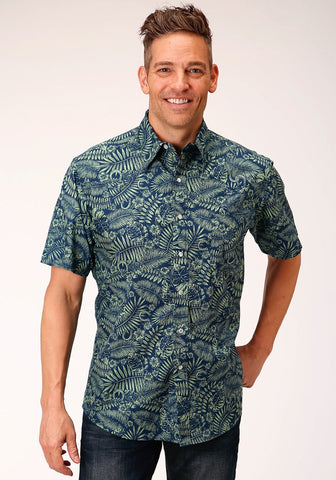 Roper Mens Lucky Tropical Print Green 100% Cotton S/S Shirt
