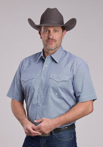 Roper Mens Stretch Minicheck Navy Cotton Blend S/S Shirt