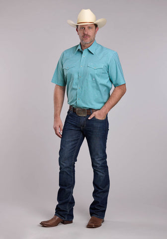 Roper Mens Stretch Minicheck Turquoise Cotton Blend S/S Shirt
