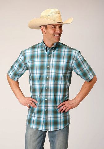 Roper Mens 1555 Meadow Plaid Green 100% Cotton 1 Pkt S/S Shirt