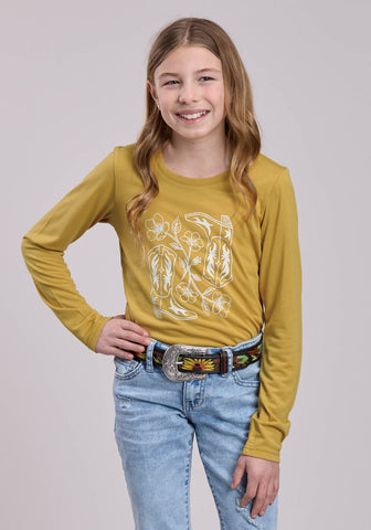 Roper Kids Girls Cowboy Boots Flowers Gold Poly/Rayon L/S T-Shirt