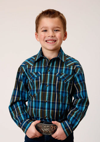 Roper Boys Diamond Dobby Plaid Blue 100% Cotton L/S Shirt