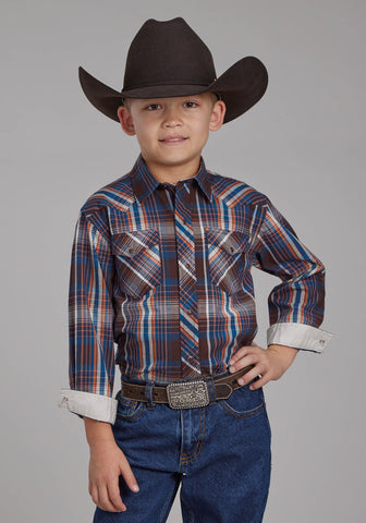 Roper Kids Boys 2176 Arrow Dobby Brown/Orange 100% Cotton L/S Shirt