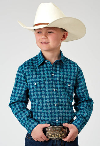 Roper Kids Boys 1894 Scribble Print Blue 100% Cotton L/S Shirt