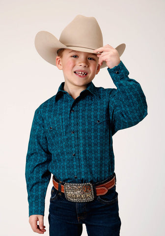 Roper Boys Tiles Print Green 100% Cotton L/S Shirt