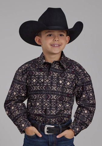 Roper Kids Boys Pop Color Aztec Grey 100% Cotton L/S Shirt
