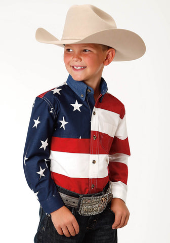 Roper Kids Boys Pieced Stars and Stripes Red/Blue 100% Cotton Btn L/S Shirt