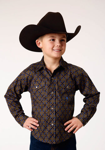 Roper Boys Diamond Medallion Brown 100% Cotton L/S Shirt