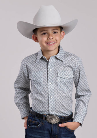 Roper Kids Boys Stretch Four Point Foulard Grey Cotton Blend L/S Shirt