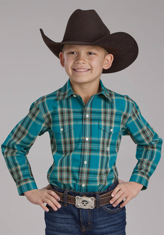 Roper Kids Boys Real Plaid Teal 100% Cotton L/S Shirt