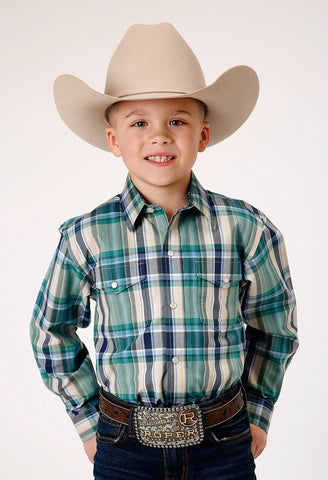 Roper Boys Ocean Plaid Blue 100% Cotton L/S Shirt