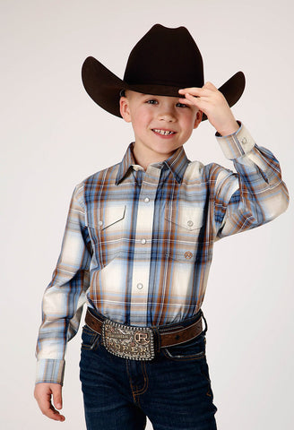 Roper Boys Desert Plaid Blue 100% Cotton L/S Shirt
