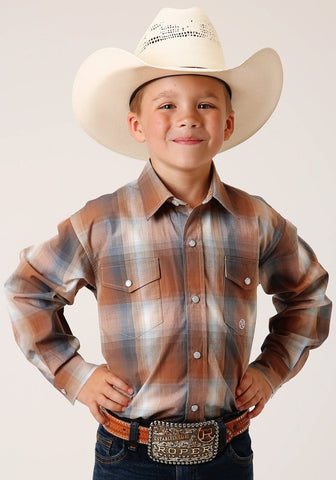 Roper Kids Boys Copper Ombre Plaid Rust 100% Cotton L/S Shirt