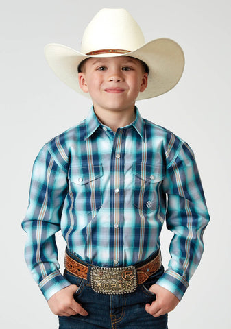 Roper Boys Cool Breeze Plaid Blue 100% Cotton L/S Shirt