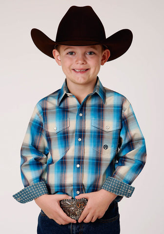 Roper Boys Sunset Plaid Blue 100% Cotton L/S Shirt