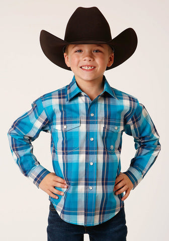 Roper Boys Moon Plaid Blue Cotton Blend L/S Shirt