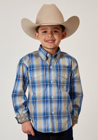 Roper Kids Boys 1942 Chicory Ombre Blue 100% Cotton Btn L/S Shirt