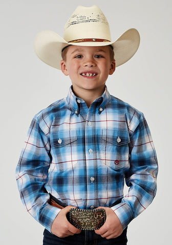 Roper Boys Plaid Poplin Blue Cotton Blend L/S Shirt
