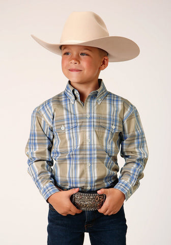 Roper Kids Boys Sandy Plaid Tan 100% Cotton L/S Shirt
