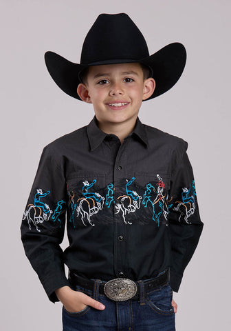 Roper Kids Boys Painterly Rodeo Border Black 100% Cotton L/S Shirt