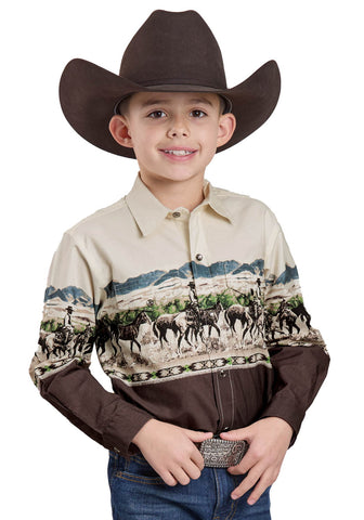 Roper Kids Boys Country Trails Border Brown 100% Cotton L/S Shirt