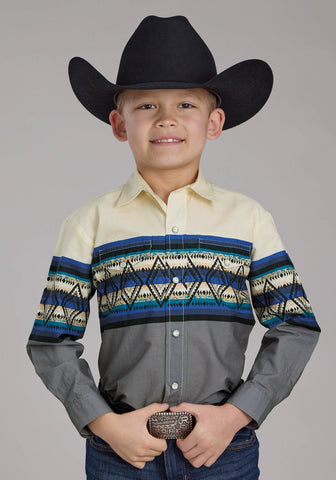 Roper Kids Boys Retro Diamond Border Blue 100% Cotton L/S Shirt