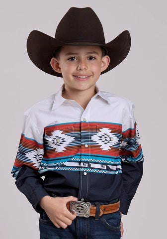 Roper Kids Boys Aztec Ombre Border Blue/White 100% Cotton L/S Shirt