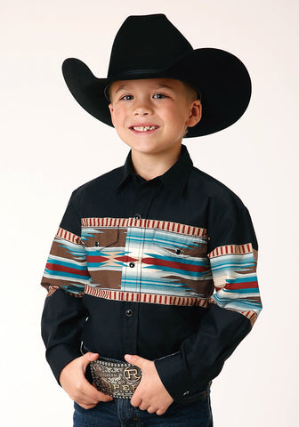 Roper Boys Blanket Aztec Border Black 100% Cotton L/S Shirt