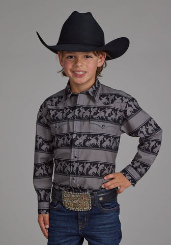 Roper Kids Boys Horizontal Rodeo Stripe Black 100% Cotton L/S Shirt