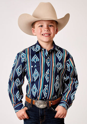 Roper Kids Boys 1908 Serape Stripe Blue 100% Cotton L/S Shirt