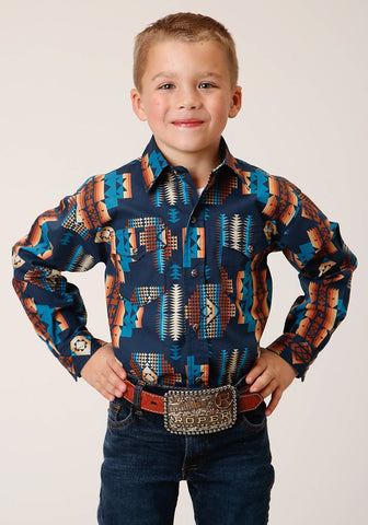 Roper Boys Navy Aztec Stripe Blue 100% Cotton L/S Shirt