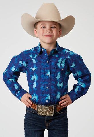 Roper Kids Boys 1907 Hawaiian Ombre Blue 100% Cotton L/S Shirt