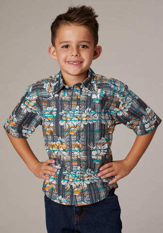 Roper Kids Boys 2002 Distressed Tropical Grey 100% Cotton S/S Shirt