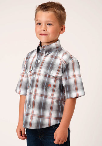 Roper Boys Kids Grey 100% Cotton Smokey Plaid BD S/S Button Shirt