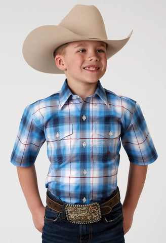 Roper Boys Poplin Plaid Blue Cotton Blend S/S Shirt