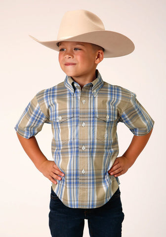 Roper Kids Boys 1552 Sandy Plaid Tan 100% Cotton Btn S/S Shirt