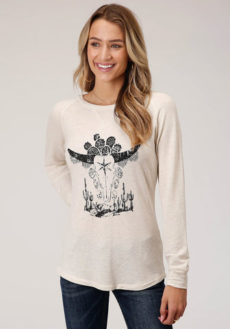 Roper Womens Oatmeal Poly/Rayon Longhorn L/S T-Shirt