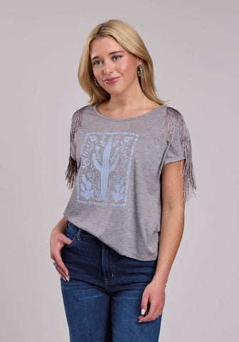 Roper Womens Fringe Trim Cactus Grey/Light Blue Poly/Rayon S/S T-Shirt