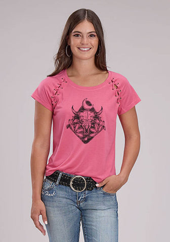 Roper Womens Longhorn Self Tie Pink Poly/Rayon S/S T-Shirt