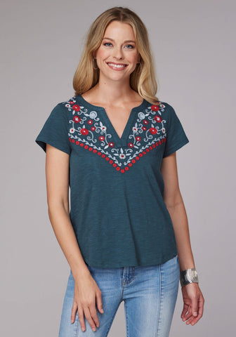 Roper Womens Curved Floral Split V Blue 100% Cotton S/S T-Shirt