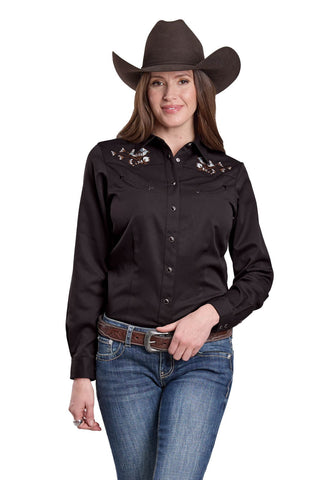 Roper Womens Floral Embroidery Jet Black Poly/Rayon L/S Shirt